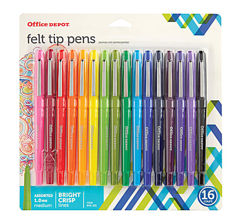Office Depot® Brand Felt-Tip Porous Pens, Medium Point, 1.0 mm, Assorted  Colors, Pack Of 16